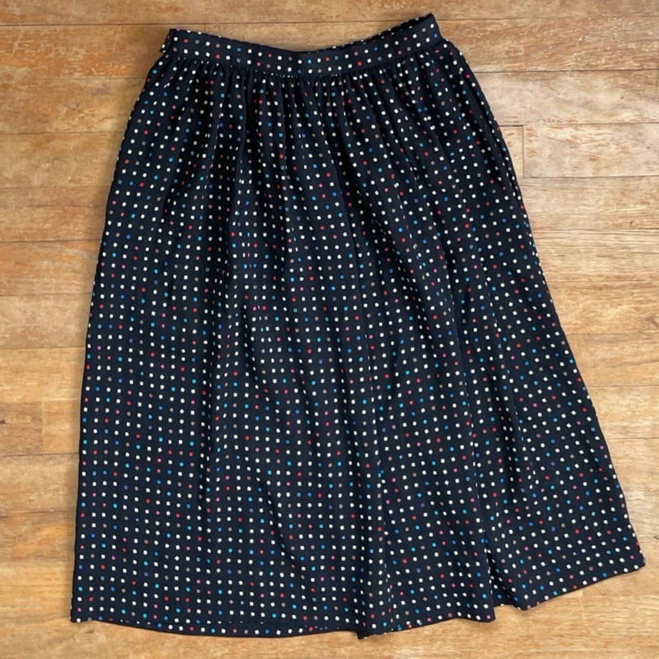 Falda Vintage Estampado Geométrico Talla XXS 24" Cintura Años 80 Negro Crepé Línea A Foto 4 de 4