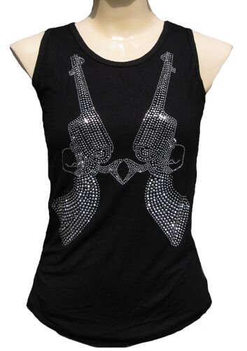D'Rockabilly Punk Rock Baby MEXICAN GUNS Diamante Designer WoW TANK TOP SHIRT M - Afbeelding 1 van 2