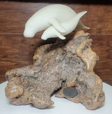 Vintage John Perry Manatee Mother Calf Baby Burl Wood Sculpture