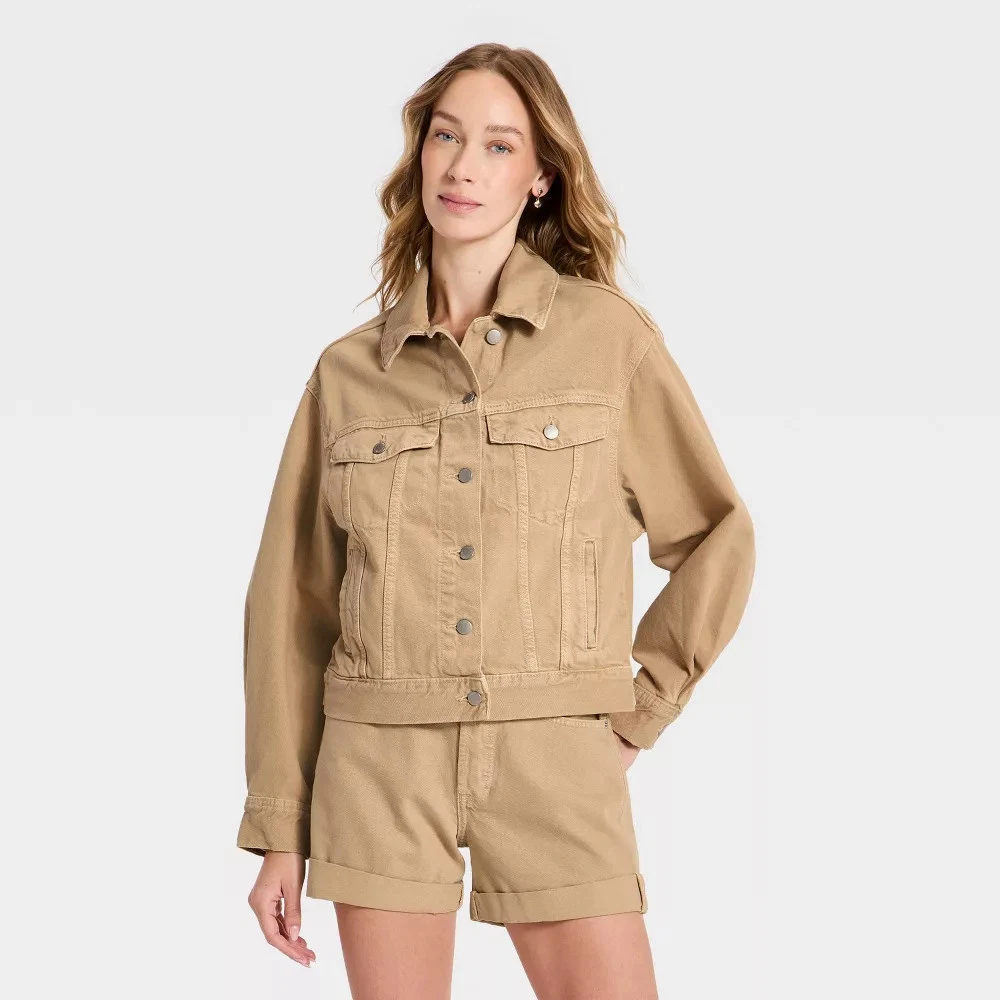 Women Relaxed Denim Trucker Jacket - Universal Thread Khaki XL