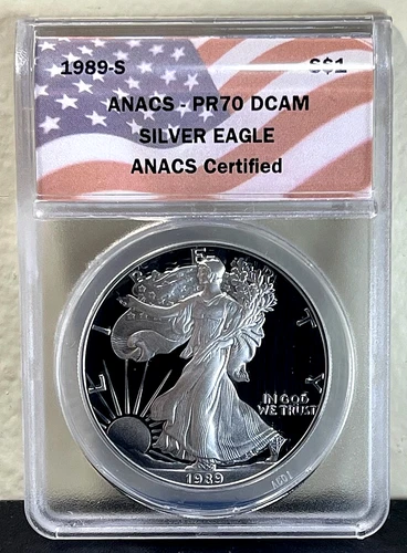 1989-S American SILVER Eagle 1 oz .999 Proof Coin ANACS PR70 DCAM Flag Label