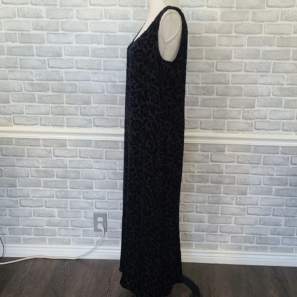 Vintage Express Y2K 90s Black Velvet Floral Burnout Shift Dress Silk Whimsygoth - Image 3 of 4