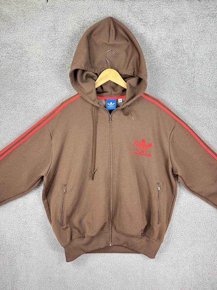 Adidas Originals Hoodie Mens 2XL Brown Red Trefoil 3-Stripes Full Zip Sweatshirt - Image 2 of 4