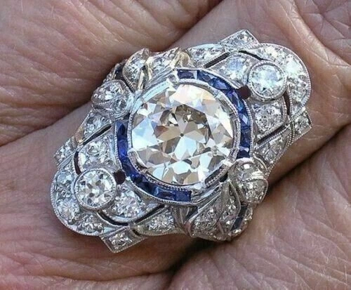 Vintage Art Deco 3CT Diamond Sapphire Antique Engagement Ring 14K White Gold FN