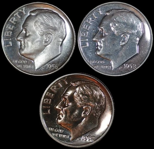 x3 1956-1962 Proof 90% Silver Roosevelt Dimes 10C - 0.30 FV 90% Silver - SKU#685