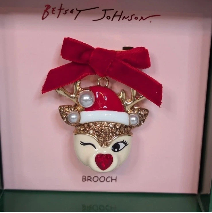 Brand New Betsey Johnson Winking Reindeer Brooch Pin with Red Bow Gift Box - Image 2 of 2
