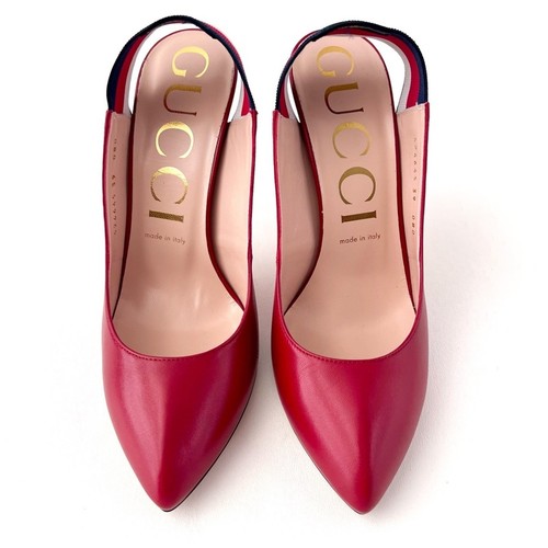 GUCCI | Sylvie Web Stripe Slingback Red Leather Pointed Pumps EU 39 US 9 - Picture 3 of 16