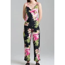 Natori M Black Floral 2 Piece Pajama Set Camisole & Drawstring Pants Women NWT