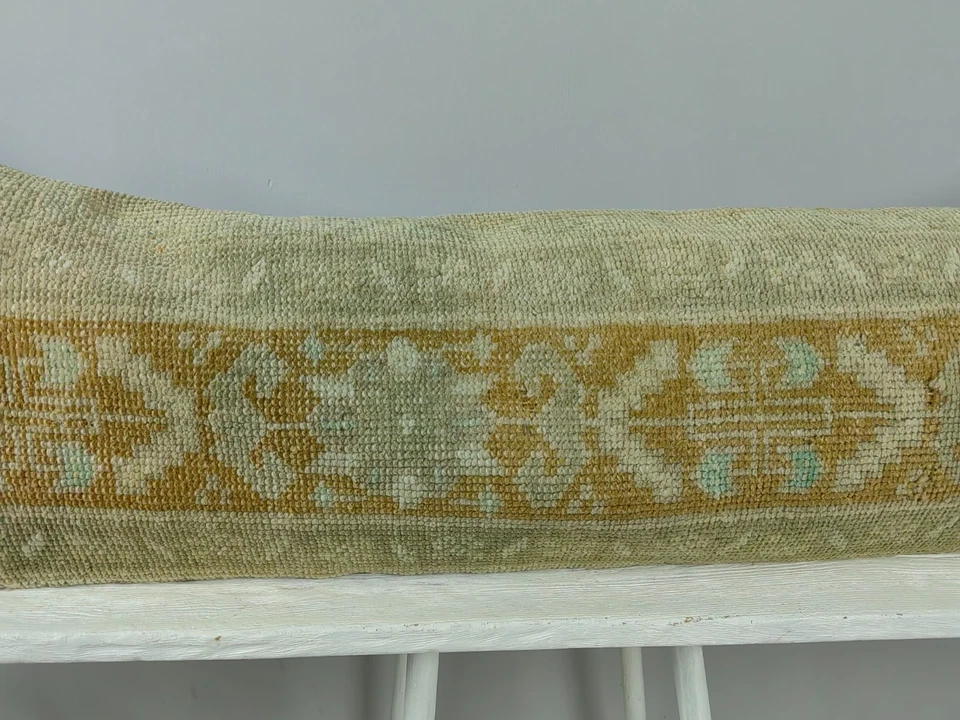 Kilim Lumbar 12x40 in Long Lumbar Pillow Turkish Rug Cushion Cover Wool Beige - Image 3 of 4