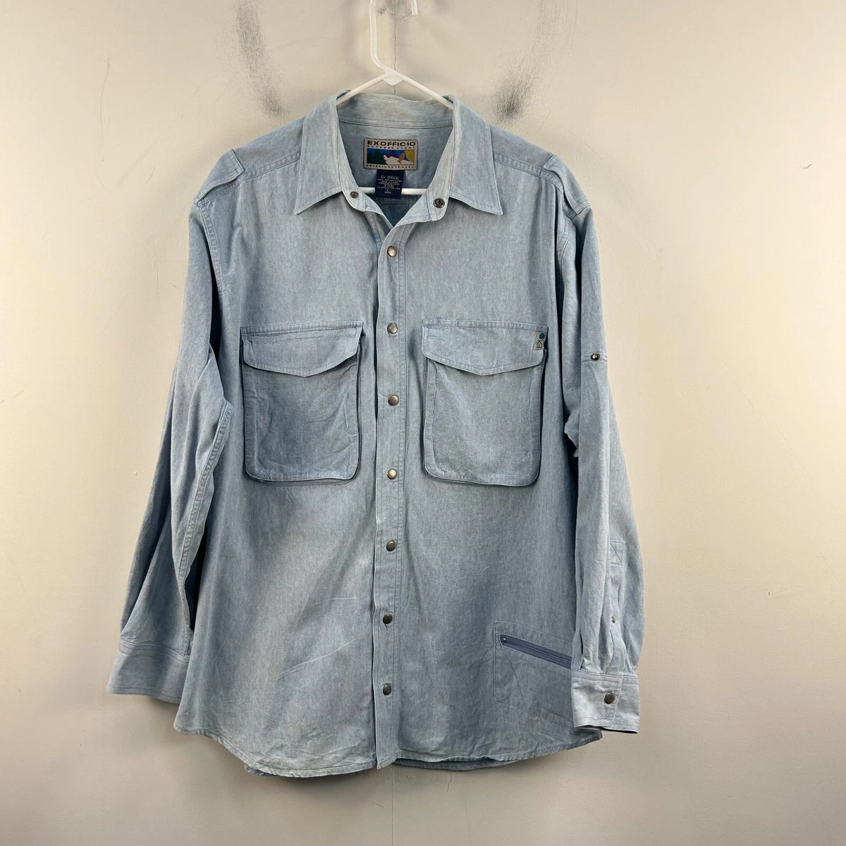 Ex Officio Mens XL Top Shirt Blue Collar Snap L/S Woven Cotton Pockets 17488