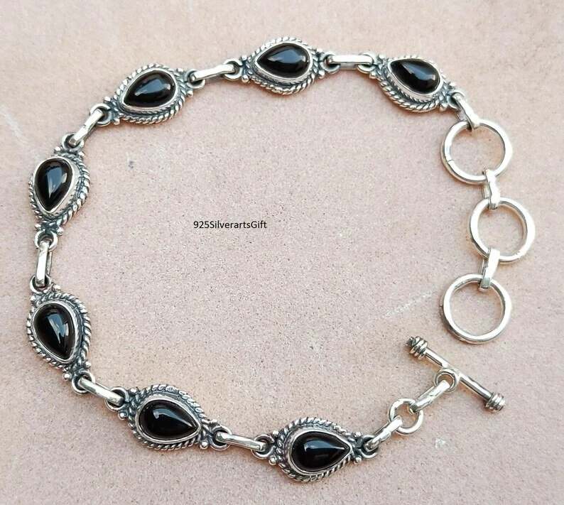 Brazalete de ónix negro con forma de pera hecho a mano Navidad 925 plata brazalete Si68 Foto 2 de 4