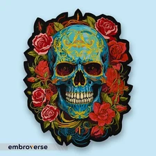 Large Blue Gold Embroidered Skull Patch Roses, Iron-On Floral Gothic Back Patch