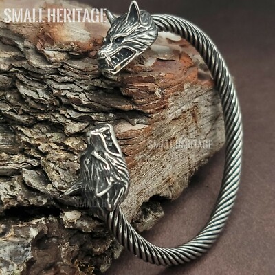 Viking Stainless Steel Cuff Norse Wolf Head Bracelet Bangle Medieval Celtic Men