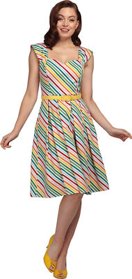 Collectif x Modcloth «JILL STRIPE» Rainbow STREIFEN SWING DRESS Kleid Rockabilly