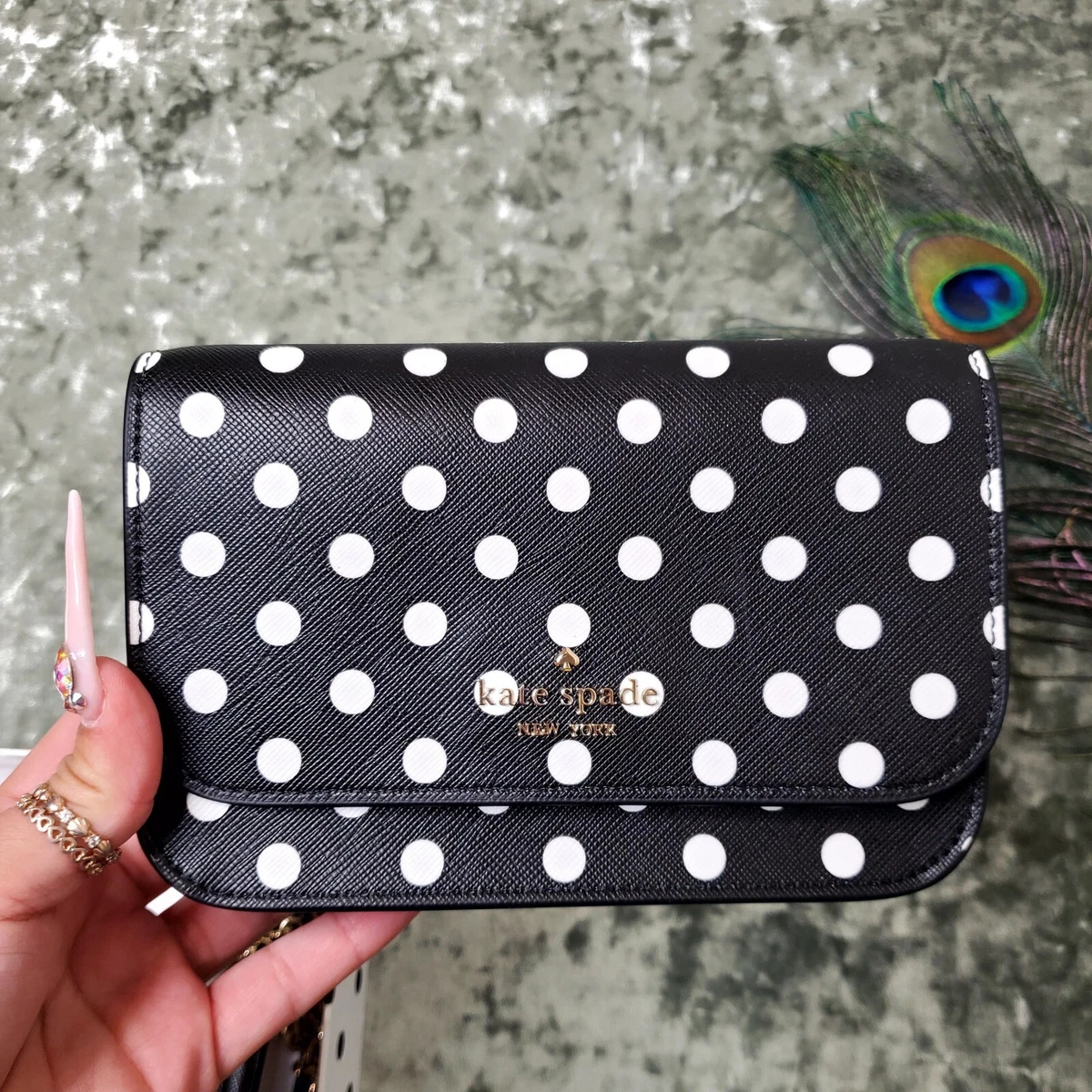 Kate Spade Cheers Boxed Chain Crossbody Clutch Purse Polka Dot Black White