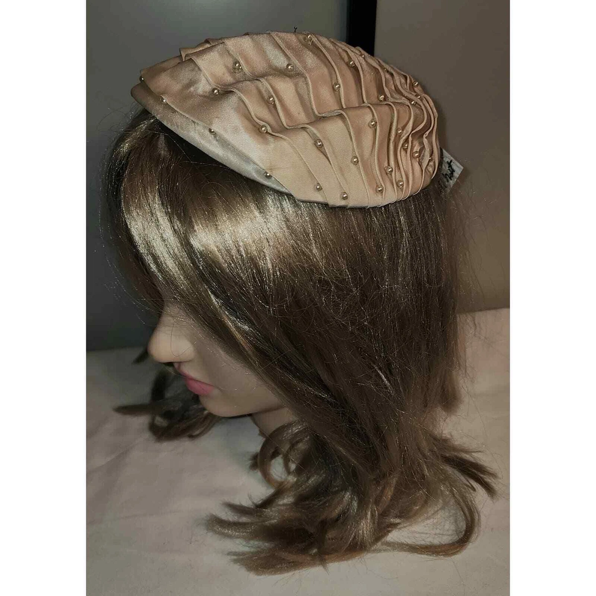 Vintage 40s 50s Sm Beige Blush Pleated Cap Hat Pearls Mid 