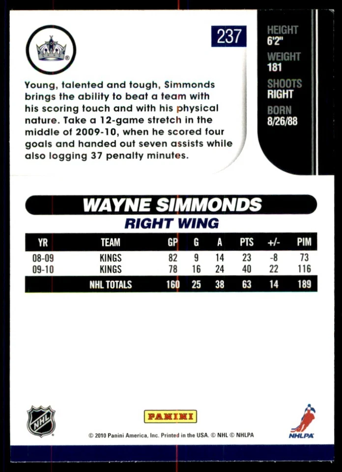 2010-11 Score Wayne Simmonds #237 - Image 2 of 2