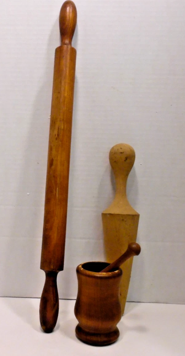 Vintage Wooden 21” Rolling Pin, 4” Mortar and Pestle, & Cone Shaped Mallet 11”