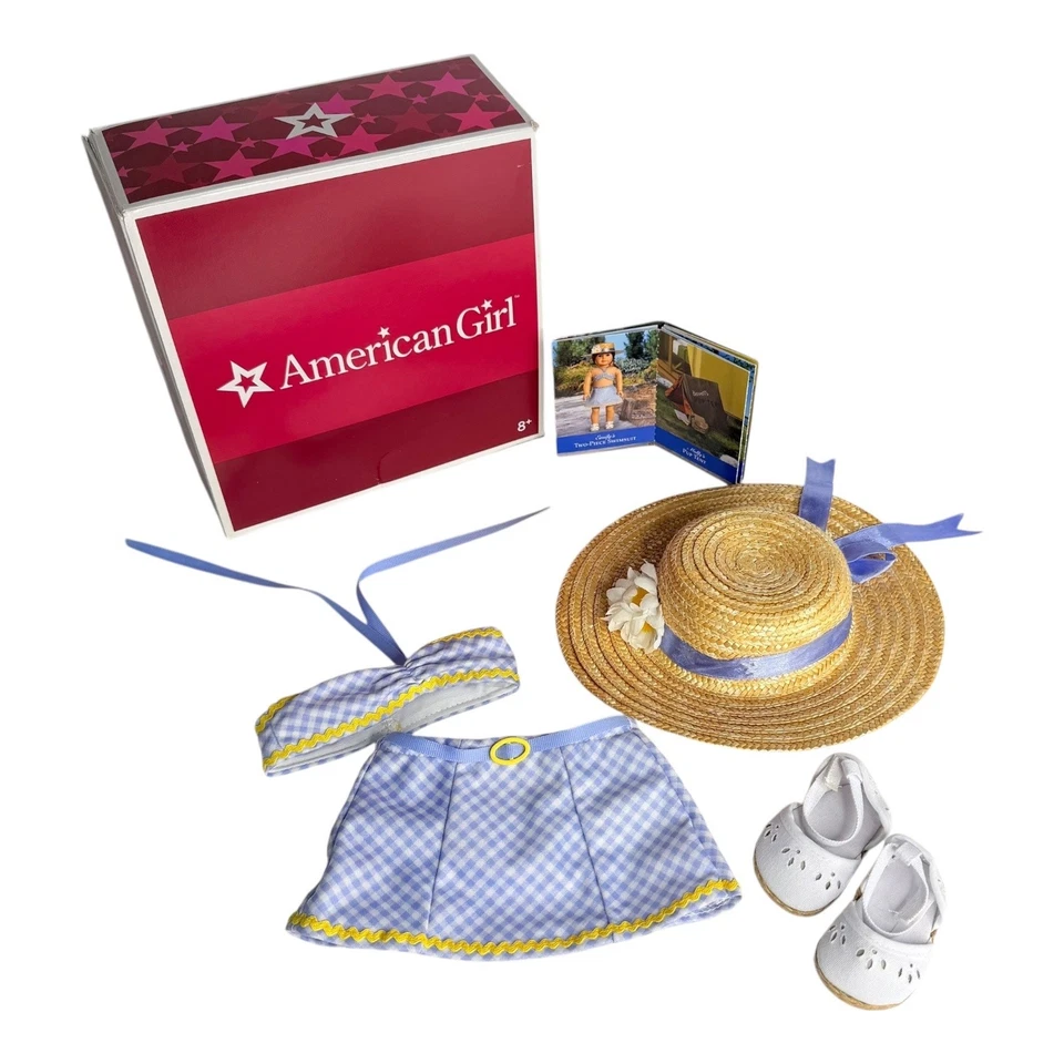 Traje de baño American Girl Emily de dos piezas conjunto sombrero tarjetas comerciales sandalia blanca zapatos Foto 2 de 4