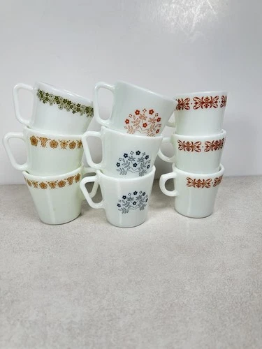 VTG Pyrex Milk Glass Mug Lot 9 Retro Coffee Cups Spring Blossom Butterfly Gold