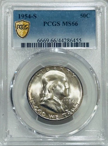 1954 S Franklin Silver Half Dollar PCGS MS66 Nice Original Patina/Gold Shield