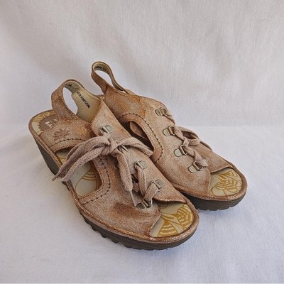 Fly London YLFA Wedge Sandals Metallic Leather Tan Beige Pearl Lace Open  Toe 39