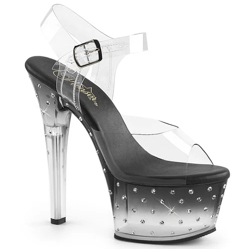 UK 8 Pleaser Aspire 608 Clear-Black Rhinestones 6" Heel Platform Sandals