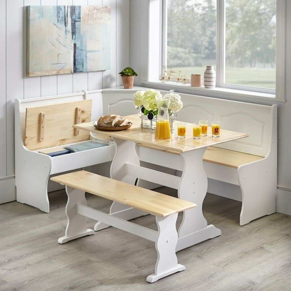 3 Pc White Wooden Top Breakfast Nook Dining Set Corner Booth Bench Kitchen Table For Sale Online