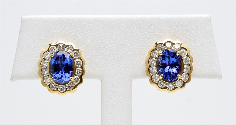 Stunning 18K Yellow Gold 3.6ct Tanzanite & 1.12ctw Diamond Halo Earrings