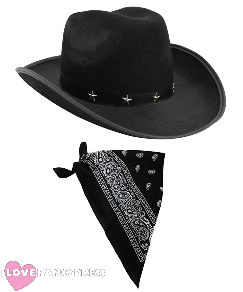ADULTS COWBOY HAT & BANDANA SET WESTERN FANCY DRESS WILD  display picture 2