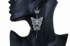 Women Silver Metal Butterfly Charm Wedding Fashion Bridal Jewelry Earrings Set