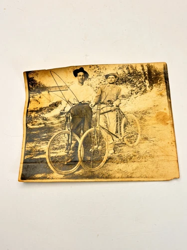 Vintage Black And White Photo Real World Photo 4” X 5” Two Men With Bicycles