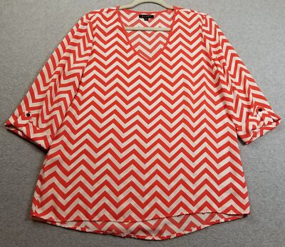 KIARA Top Women s Medium M Coral Orange White Herringbone ¾ Sleeves See Through