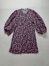 Zara Women Welma Dress S Black Floral Puff Sleeve Button Front V Neck Summer