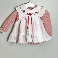 Vintage Girls 18M Full Circle Pinfore Dress.Red White Stripes Eyelet Ruffle