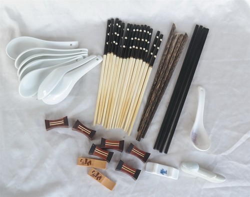 Lot of Chopsticks soup spoons Japanese holders 