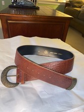 VINTAGE 70'S WIDE BROWN LEATHER BELT WITH BRASS ORNATE BUCKLE USA MADE