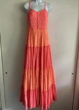Hemant & Nandita Dayo Bright Pink Orange Tiered Eyelet Convertible Maxi Dress S