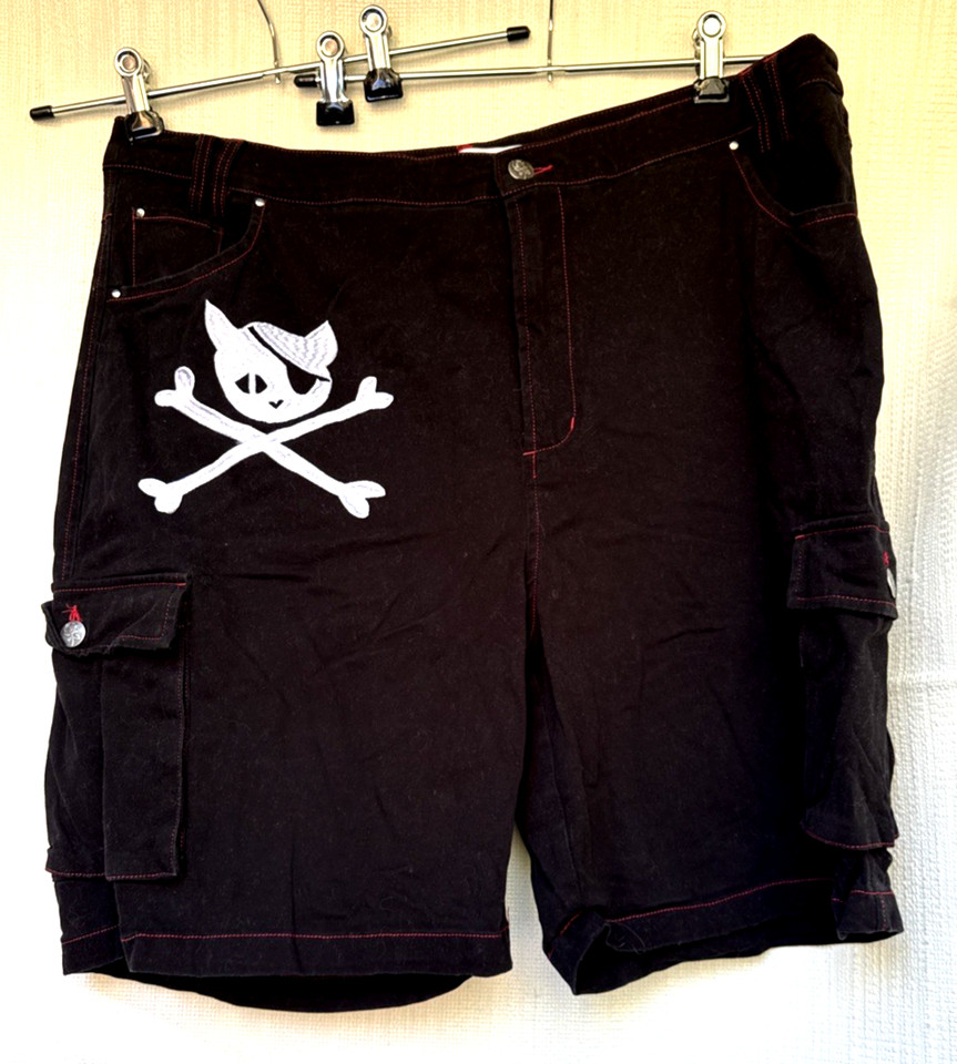 Black Friday Shorts 18 Black Cotton Skull Cat Embroidery Cargo Utility Pocket