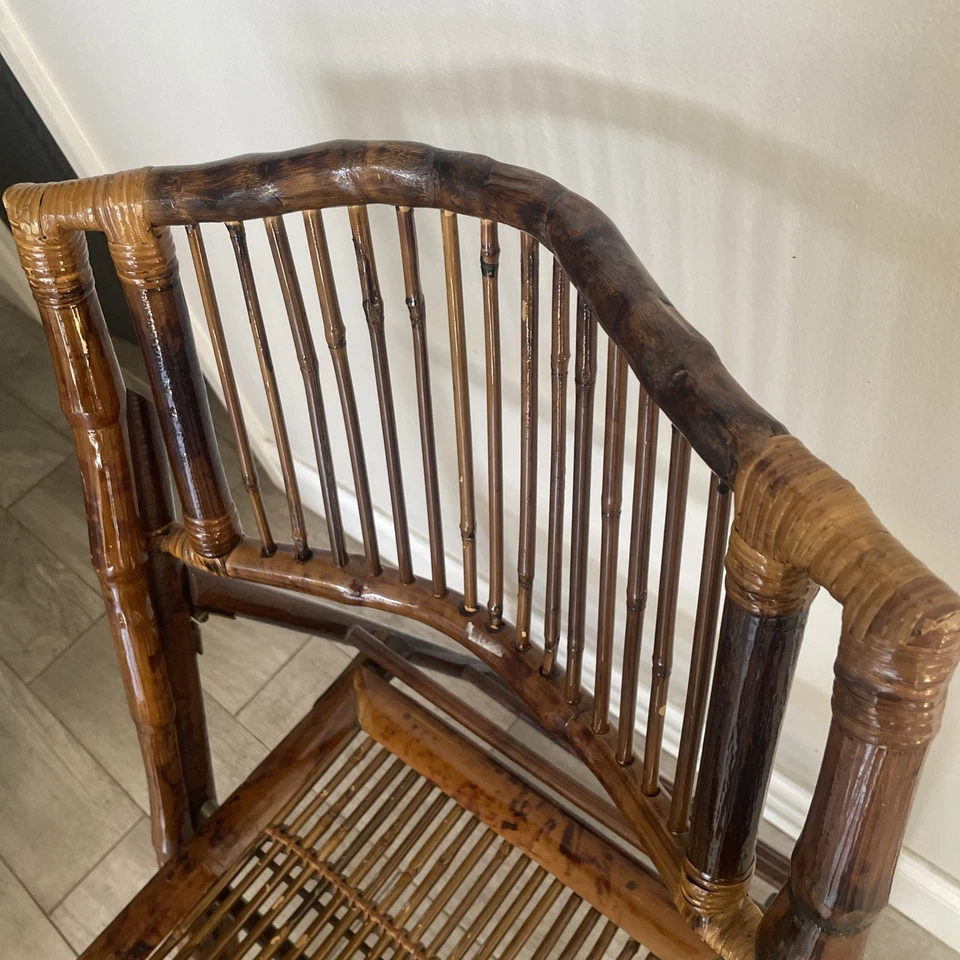 Tortoise Bamboo Folding Chair Vintage Mid Century Deck Patio Wood - Image 3 of 4