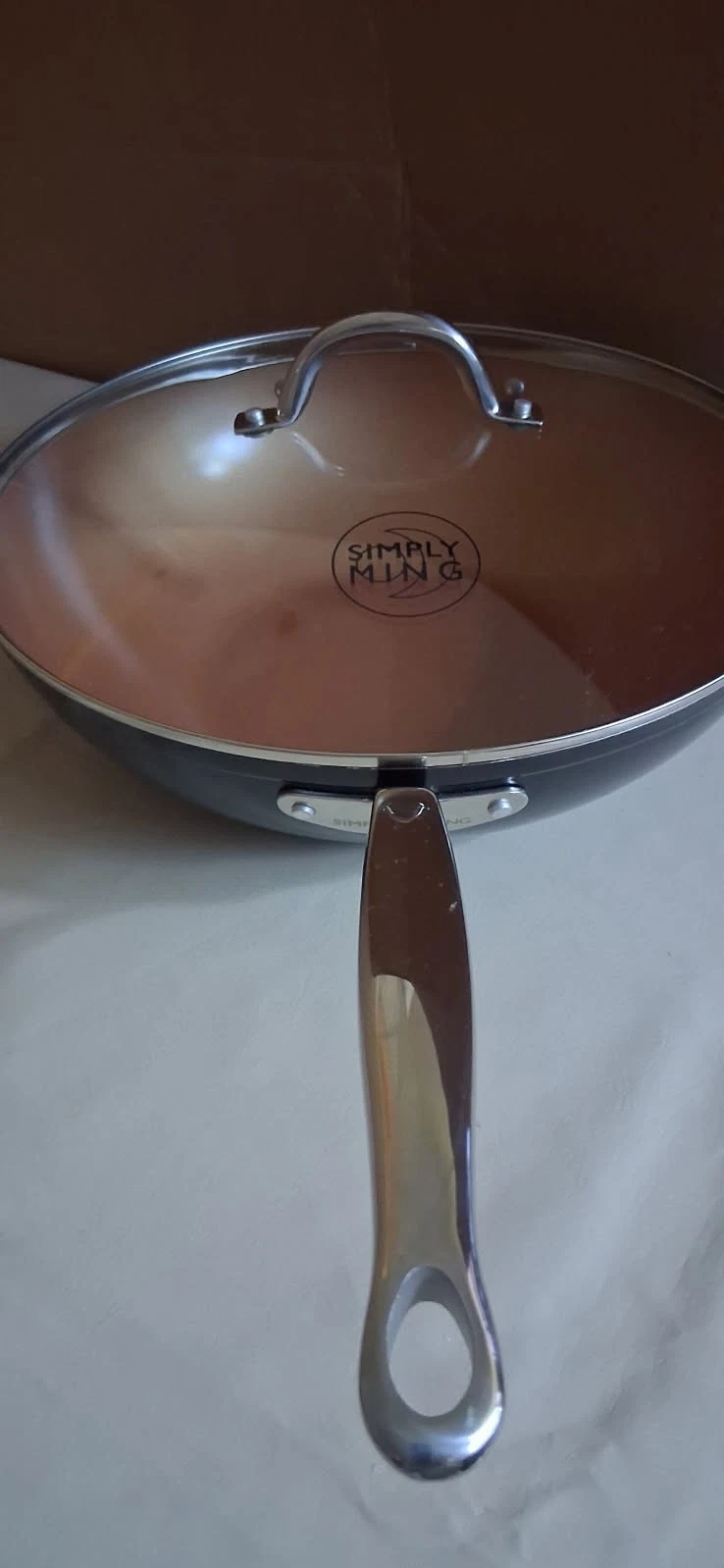 Simply Ming 13” Nonstick Wok Pan W/ Glass Lid Copper Interior Black Exterior New