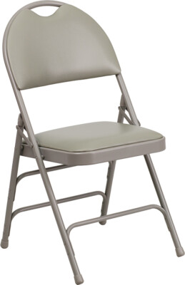 Metal Folding Chair with Gray Vinyl, Triple Braced & Easy-Carry Handle 