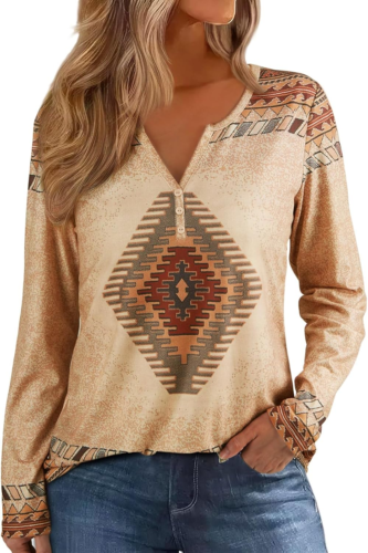 Womens Long Sleeve T Shirts Aztec Cow Print Western Henley Tops Ladies Graphic T