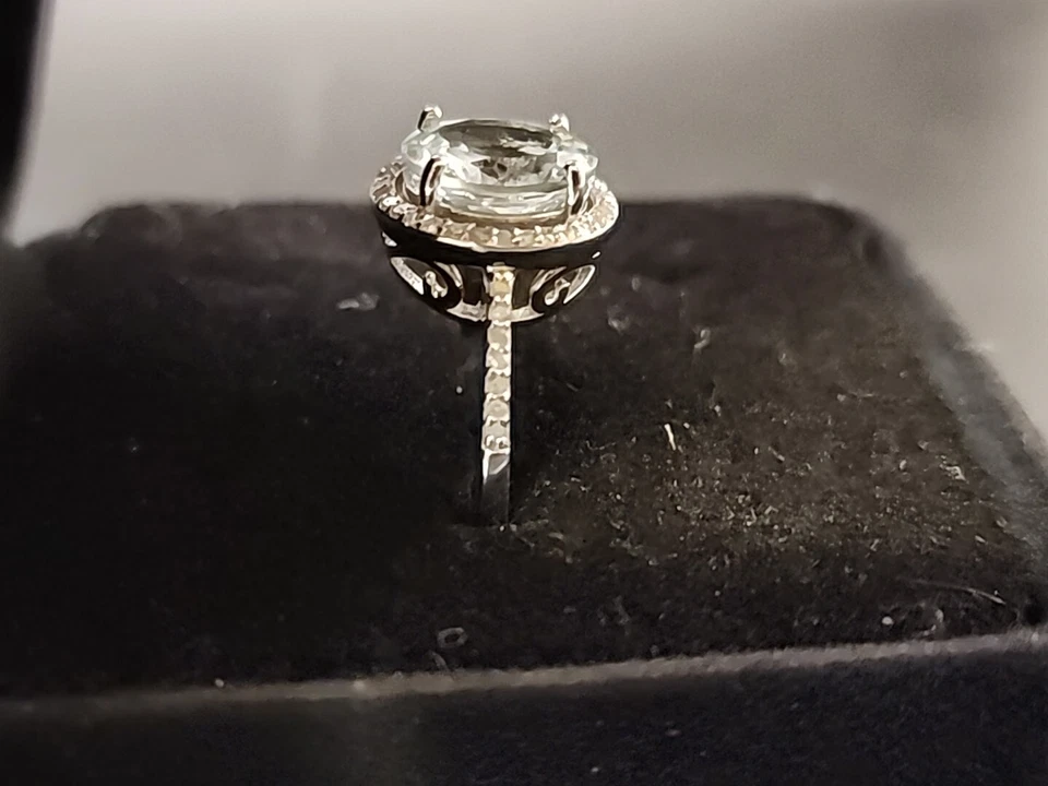 Anillo aguamarina azul con detalles de diamantes rodio/925 halo 3,64 ctw JTV talla 10 Foto 3 de 4