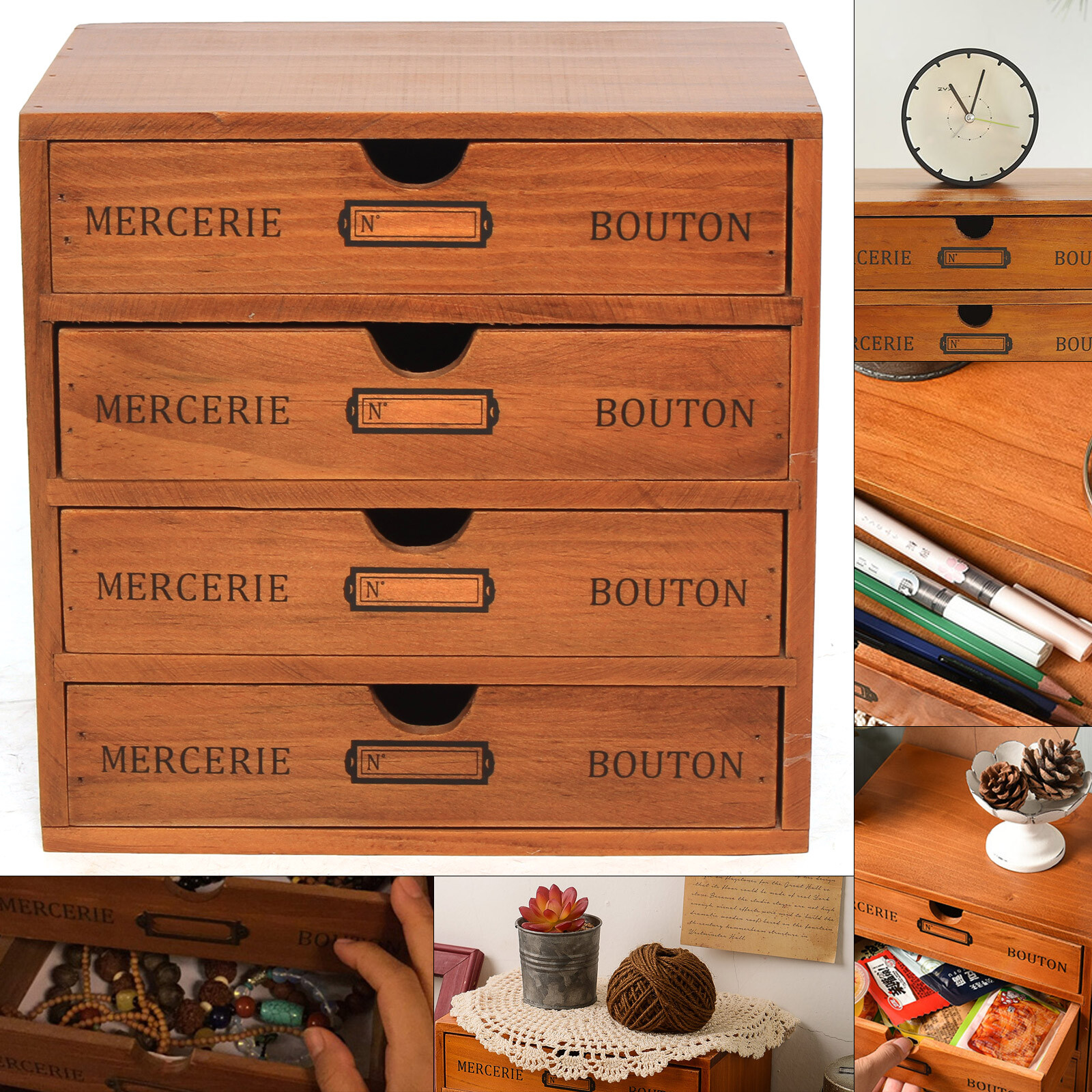 Desktop Jewelry Organizer Vintage Wooden Storage Box with 4 Layers Drawers Case