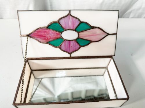 VINTAGE STAINED GLASS LEADED MIRROR BOTTOM JEWELLERY BOX FLORAL FLOWER - Picture 2 of 7