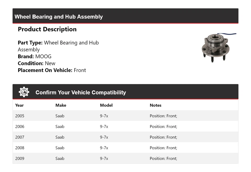 Conjunto de cojinete de rueda y buje delantero para Saab 9-7x 2005-2009 MOOG 2005 2006 2007 Foto 2 de 4