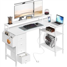 140cm L-shaped Computer Desk with Charging Station, Drawers, Monitor Stand White