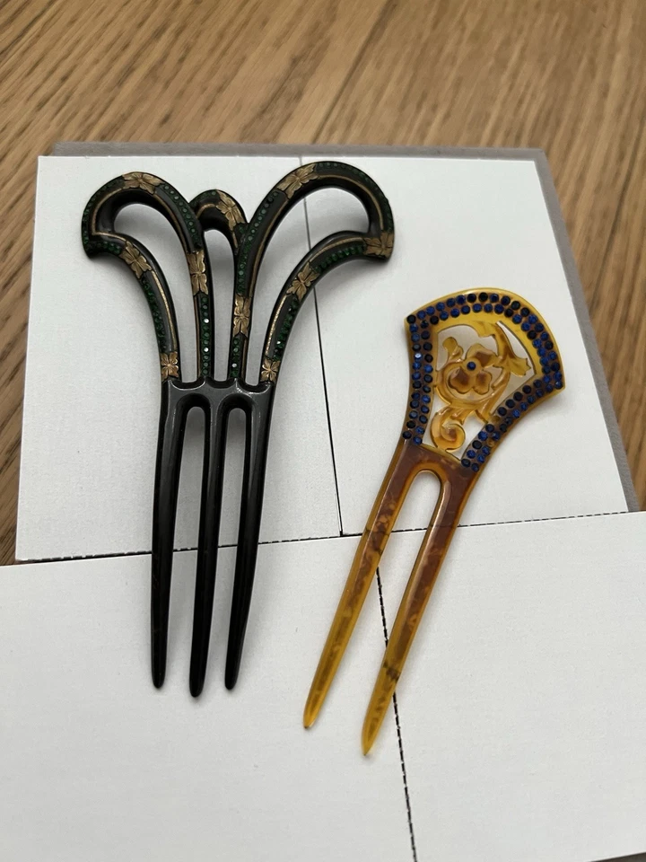 Set of 2 Vintage Japanese Hair Fork Pin Comb kanzashi celluloid - Image 2 of 4