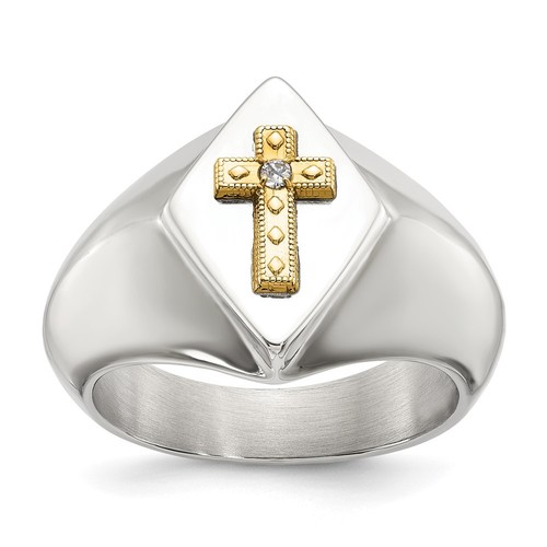 Stainless Steel with 14K Gold Accent & .01ct. Diamond Cross Signet Ring Size 11 - Afbeelding 1 van 6